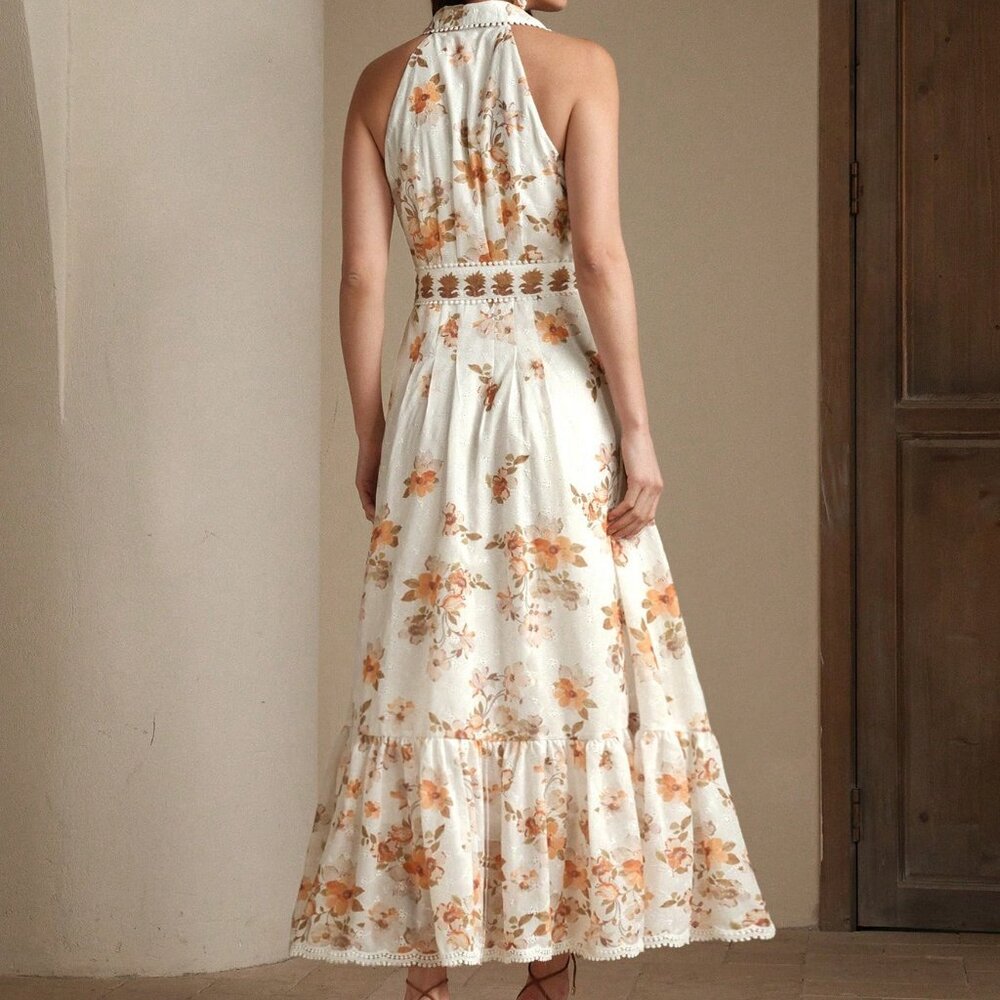 Orange Elegant Women's Sleeveless Floral Print Dress - Picture 2 of 13